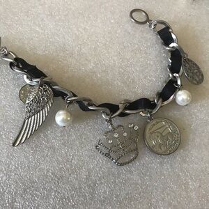 Silver Charm Bracelet with Black Ribbon and Pearl Accents